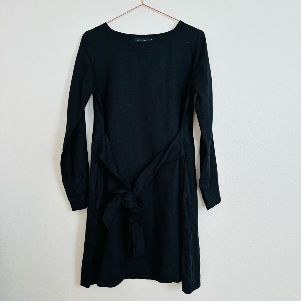 Nich Linen Elegant Black Linen Crew Neck Cuffed Long Sleeves Wrap Mini Dress — image 7 of 8